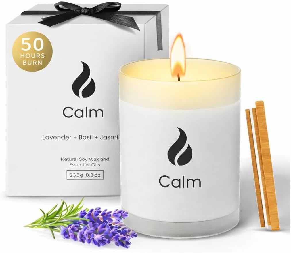Natur IX Calming Organic Soy Scented Candles with Essential Oil | Natural Candles Non Toxic |Home, Birthday, Christmas Gifts & Aromatherapy | 50 H Burning | Lavender, Basil & Jasmine, 8.5 oz