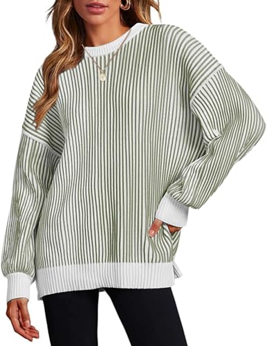 Image of Zeagoo Women 2026 Fall Lightweight Oversized Sweater Crew Neck Long Sleeve Color Block Pullover Rib Knit Blouse Tops XS-2XL