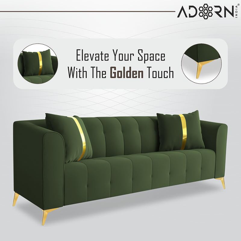 Image of Adorn India Premium Mystic - 3 Years Warranty - 3+1+1 Sofa Set Velvet Suede Fabric - Green