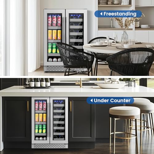 Image of 24 Inch Wine and Beverage Refrigerator, Dual Zone Wine Cooler Refrigerator- 20 Bottles & 88 Cans with Stainless Steel Racks, Under Counter /Freestanding Beverage Fridge for Drink /Beer /Wine