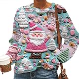 RXGOY Christmas Ugly Sweatshirt for Women Santa Snowman Xmas Tree Star Winter Holiday Family Party Crewneck Graphic Long Sleeve Top-Pink M