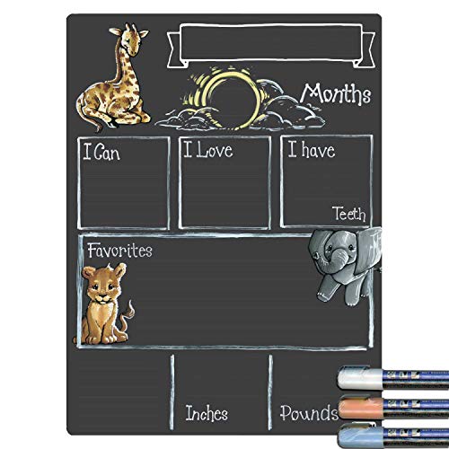 Image of Cohas Monthly Milestone Board for Baby with Safari Theme, Reusable Chalkboard Style Surface, and Liquid Chalk Markers, 12 by 16 Inches, 3 Pastel Markers