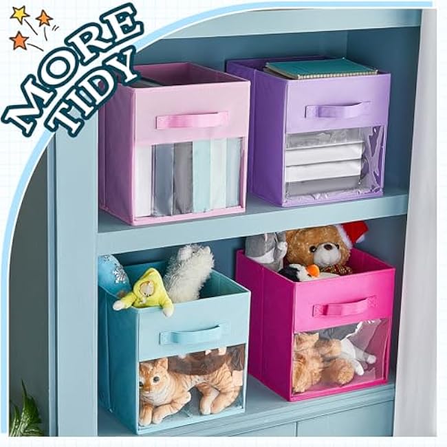 Marsui 8 Pcs Cube Storage Bins with Clear Window 11'' Daycare Storage Cube Organizer Bins for Closet Kid Nursery Playroom with Handle Fabric Collapsible Storage Cubes(Blue, Purple, Rose, Pink)