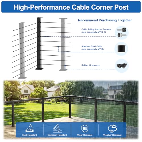 Image of 36 inch Cable Railing Corner Post(Post 35 inchx2 inchx2 inch), 2 Pack 90 L-Drilled Flat Top Corner Post, Stainless Steel Black Surface Mount Deck Cable Railing Post for Indoor Outdoor, MY08-C