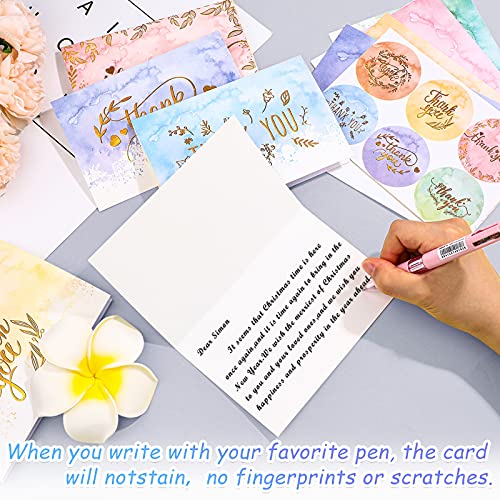 72 Pieces Watercolor Thank You Cards with Envelopes and Stickers Set 6 Designs Gold letter Greeting Note Cards Thank You Envelopes Round Envelope Seal Stickers for Wedding Graduation Baby Shower - Image 6