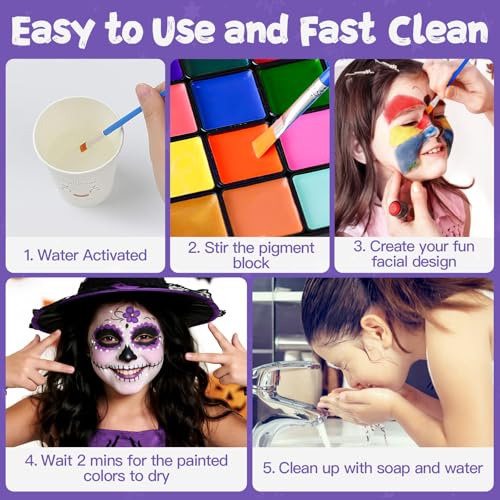 ENJSD Face Paint, Face Paint for Kids and Adults, Water Based Non-Toxic 18 Color with 5 Brushes 30 Stencils, Easily Washable Safe Body Painting for Halloween Makeup and Cosplay - Image 7
