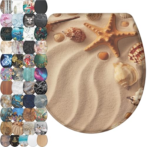 Image of Sanilo Wooden Toilet Seat with Quick Release & Soft Close [ROUND] - Decorative & Slow Close Molded Wood Seat - With One Click for Easy Installation & Cleaning - With Adjustable Fit (Sanibel)