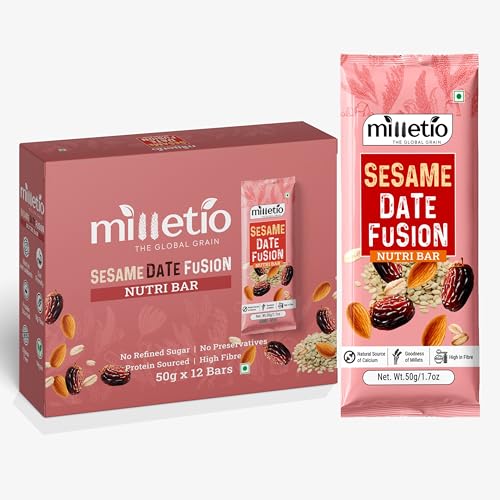 Image of Milletio Sesame Date Fusion Nutri Bar | Pack of 12 | Dates, Peanuts & Almonds | 6.9g Protein | 5g Fibre | Gluten Free | Vegan | No Refined Sugar | 12 x 50g