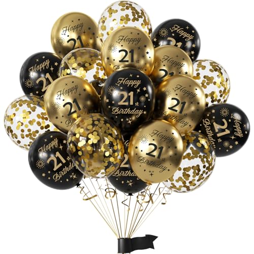 Globos de 21 Años Cumpleaños, Decoracion Globos 21 Cumpleaños Hombres Mujeres, Globos Negro y Dorado Cumpleaños, Happy 21st Birthday Decoracion