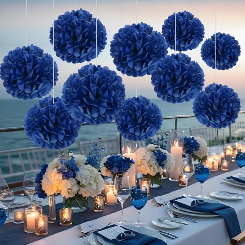 Image of 10 Pcs Paper Pom Poms Flowers for Wedding, Birthday Party, Baby Shower, Nursery Decor, Bachelorette Party Hanging Decor, Easy Joy (10 inch, Navy Blue)