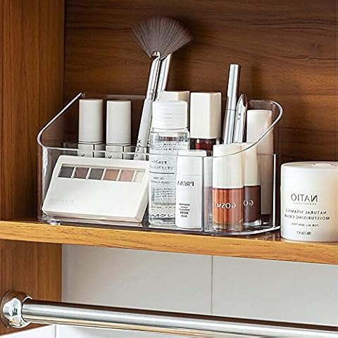 LINFIDITE Makeup Organiser Storage Tray Bathroom Cabinet Cosmetics Organiser Storage Tray Holder Countertop Vanity Display Case with 9 Compartments 2 Removable Dividers for Beauty Crystal Clear Cover