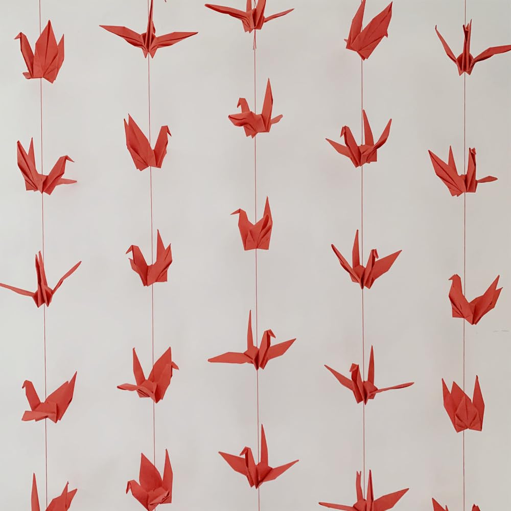 Large Red Origami Paper Crane Hanging Garlands (5.3ft X 4strings) Premade Folded Handmade Origami Birds Streamers for Bridal Shower Wedding Baby Shower, Birthday, Party Supplies