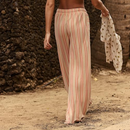 Obenie Women's Wide Leg Casual Striped Pants with Drawstring Elastic Waist Wide Leg Pants Y2K Striped Pants with Pockets3