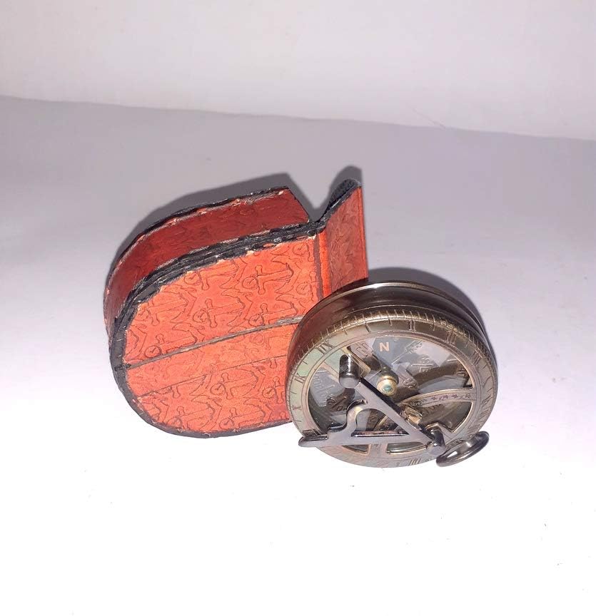 Nautical Brass Brown Antique Sundial Compass with Beautiful Handmade with Leather Case Replica Gift -Sundial with Case - Camping Compass,