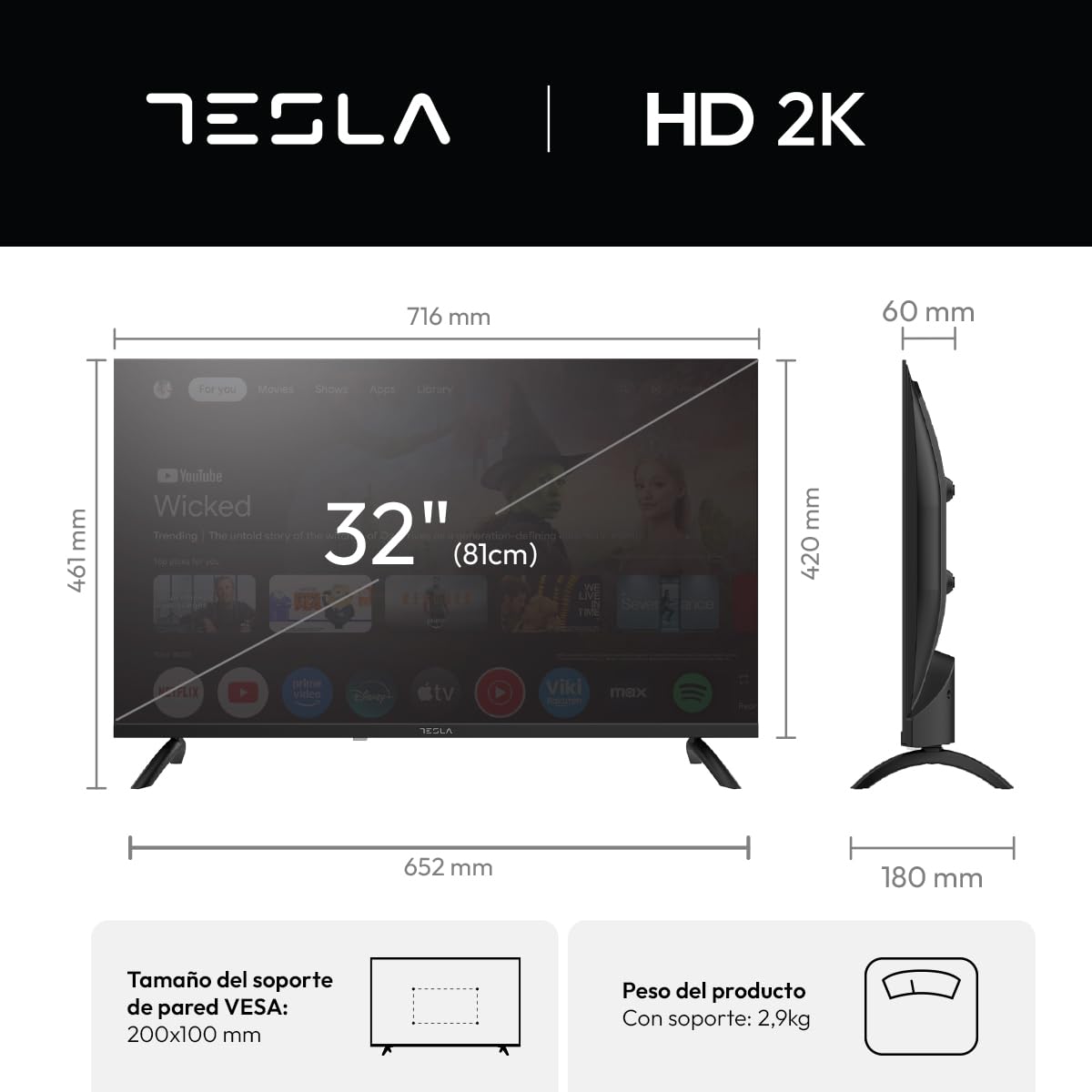 TESLA Smart TV 32 Pulgadas HD Ready Compatible con Google TV y Google Assistant - HDR10, WiFi y Bluetooth, Apps y Chromecast Integrado, 2 HDMI, 2 USB, DVB-T2/S2/C, Color Negro (32")