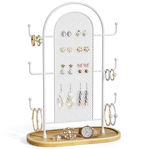 bussdis Jewelry Holder Organizer Earring Display - Earring Storage Tree Stands Towers With 6 Hooks 300 Studs Wood Tray White Metal Rack