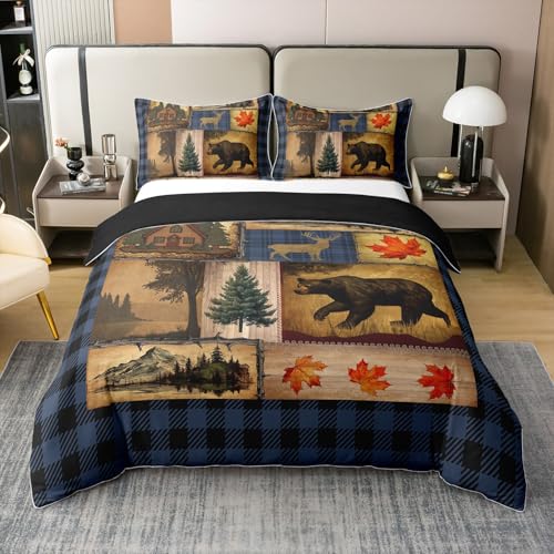 Homewish Maison de Campagne Coton Décor Housse de Couette 240 x 260,Chasse de Noël Cerf Ours Faune Literie Set Garçon Fille,Bleu Plaid Noir Parure de...