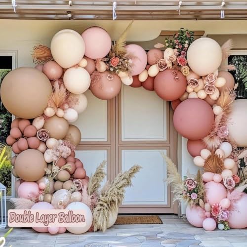 Image of Dusty Pink Balloon Arch, Double Stuffed Blush Nude Brown Balloons Pink Beige Rose Gold Balloon Garland Kit for Boho Neutral Birthday Baby Shower Wedding Bridal Shower Baby in Bloom Party Decor