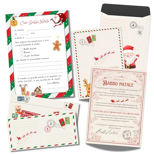 🎅 KIT COMPLETO : Il set letterine per Babbo Natale contiene tutto l’occorrente per creare un momento magico: 1x lettera per Babbo Natale bambini con busta per lettera di Natale + 1x certificato di risposta con busta lettera Babbo Natale. Vivi un’esperienza natalizia indimenticabile con questo kit Babbo Natale!