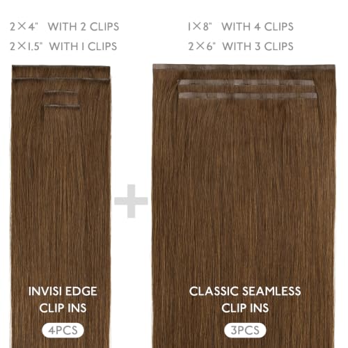 Image of WENNALIFE Invisible Edge Seamless Clip in Hair Extensions Real Human Hair | 18'' 130g 7pcs Light Auburn Brown. Ultra-Thin PU Weft, Easy, Comfortable Clip in Luxury Remy Hair Extensions