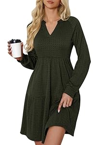 Ritiriko Damen Strickkleid V Ausschnitt Langarm Pulloverkleid Strickpulli Lässig Sweater Tunika Knit Mini Dress mit Taschen Grün L