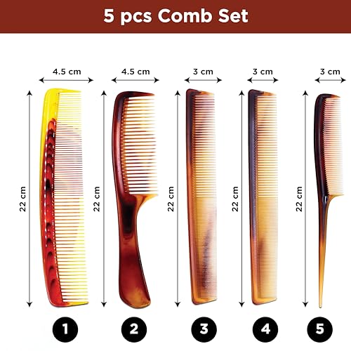 Image of NFI essentials Pack of 5 Styling & Grooming Combs for Men & Women Tail Comb, Handle Comb, Fine Tooth Comb, Cutting Comb & Pocket Comb Smooth Finish for All Hair Types