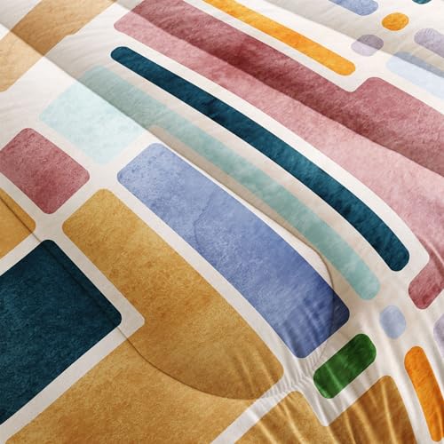 Image of Kids Comforter Set Five Colored Blocks Mosaic Printed Pattern Bedding Set with 1 Comforter and 2 Pillowcases for Girls Boys Bedroom All Season(Mosaic Queen)