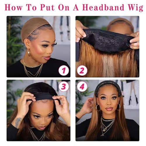 Image of Celiarita Ombre Headband Wig Human Hair Straight 22 Inch Glueless #2 /30 Highlight Colored 150% Density Brazilian Virgin Straight Human Hair Headband Wigs for Black Women