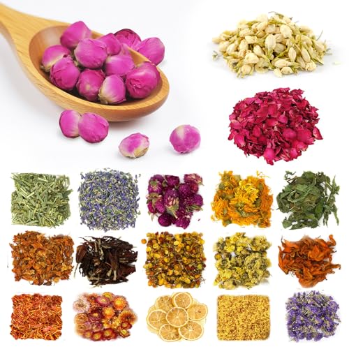 20 Bags Dried Flowers - 100% Natural Dried Flowers Herbs Kit for DIY Candle, Soap, Resin, Jewelry Making, Cake, Ice Cream Decoration - Include Rose Petals, Lilium,Jasmine, Lavender, and Calendula.etc