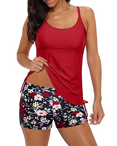 Yonique Strappy Tankini Swimsuits for Women with Shorts Drawstring Bathing Suits Two Piece Swimwear Red Floral S