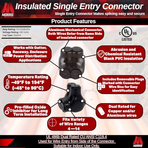 Image of Morris Products 97102 Black Insulated 2 Conductor Single Side Entry Splice 4 - 14, Dual Rated CU9AL Aluminum, 600V, cULus Listed