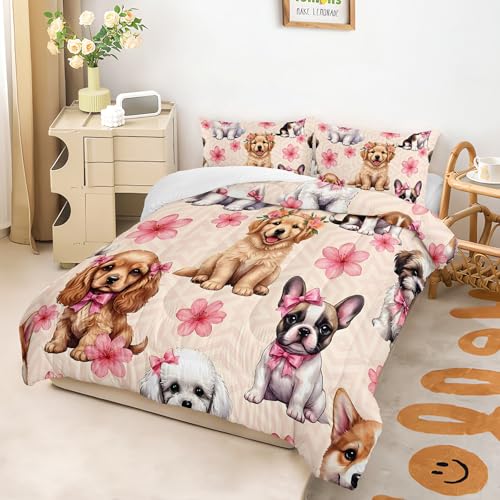 Image of AILONEN Cute Dog Printed Comforter Set Full Size for Girls - Kawaii Puppy Animal Pattern Quilt & 2 Pillowcases - Soft Breathable Pink Floral Bedding Set 3Pcs