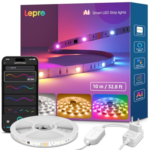 Lepro S2 IA Ruban LED Connecté 10M, Concepteur d'Éclairage IA Personnalisé, Bande LED RGB+CCT Contrôle App, Contrôle Segmenté Intelligent, Sync Musique, Compatible avec Alexa et Google Assistant