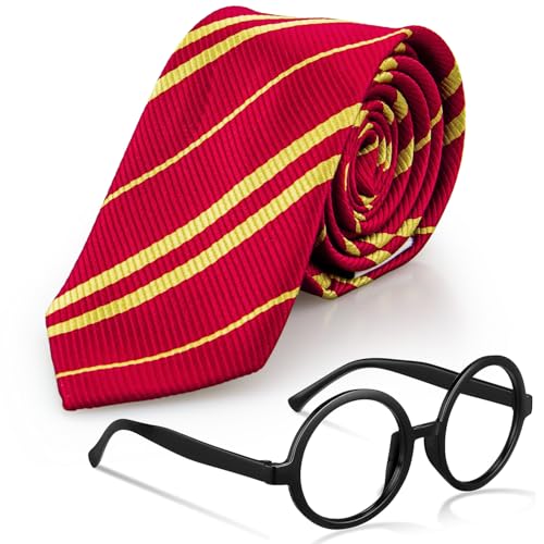 2stk Wizard Kostüm Brille Krawatte Magische Kostüm Accessoires Kinder Erwachsene Wizard Cosplay Rot und Gelb Gestreiftes Krawatte Und Runder Brillen für Karneval Fasching Mottoparty & Cosplay