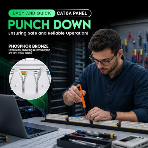 NewYorkCables 24-portowy panel krosowy Cat6A z tylnym prętem, opaskami kablowymi i śrubami, panel dziurkujący Ethernet do montażu na ścianie | 49 cali, poziomy | panel krosowy (RJ45)