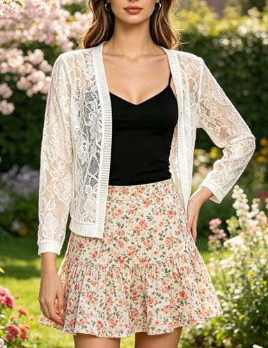 Image of FindThy Women's Casual Summer Lace Cardigan Open Front 3 /4 Sleeve Solid Lace Shrug Cover Up