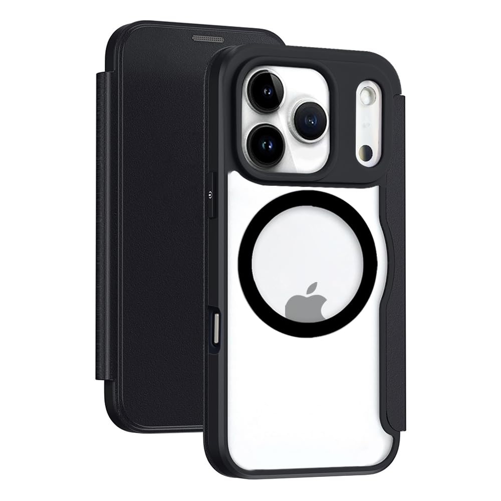 YUYIB スマホケース 対応 iPhone 17 Pro ケース 手帳型 MagSafe対応 背面 クリア 透明 高級なPUレザー+PCパネル+TPUバンパー マグネット開閉 衝撃吸収 軽量薄型 ブランド スマホケース アイフォン17プロ 手帳型 ケース (ブラック, 17Pro)