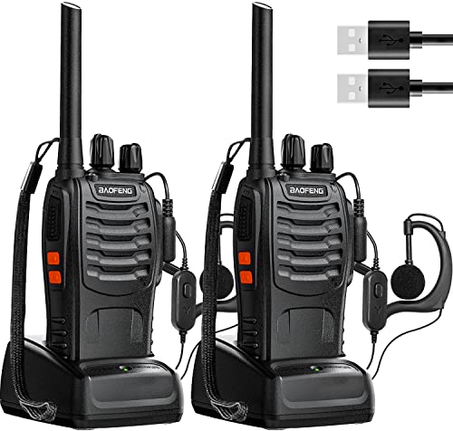 Talkie Walkie PMR446 sans Licence, Antenne Non Amovible, Talkie Walkie Professionnel Rechargeable à Distance 16 Canaux avec Base de Chargeur USB et Casque (Noir, 2 Pièces) Cover