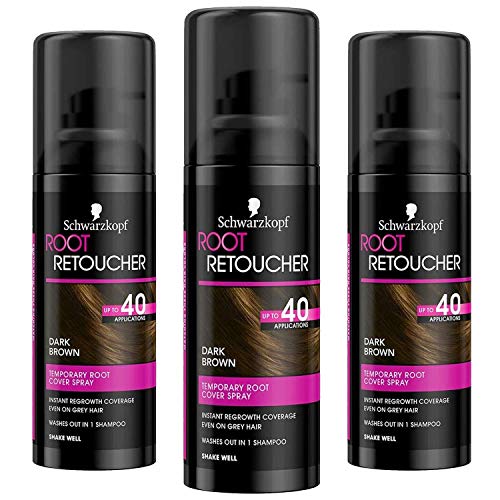 Schwarzkopf Root Retoucher, Instant Temporary Hair Dye Spray for Brunette Regrowth, 40 Applications, 3 x 120ml, Dark Brown