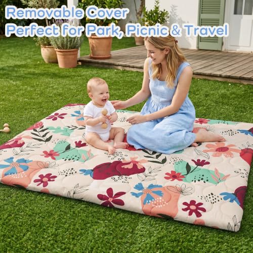 Image of 1.6 inch Thick Baby Play Mat, 71x59 Removable & Machine Washable Cover | Padded Memory Foam, Non-Slip Backing, 100% Baby-Safe Materials, Tummy Time Crawling, Outdoor, Bedroom, Living Room, Nursery