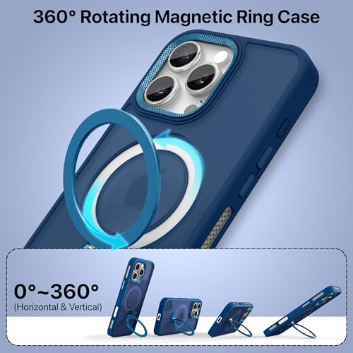 Image of eller sante Maximus Back Cover Case for iPhone 16 Pro max with Magnetic Alloy Ring Metal Kickstand Camera Protector TPU Shockproof 10ft Drop Protection Compatible with Mag-Safe- Blue