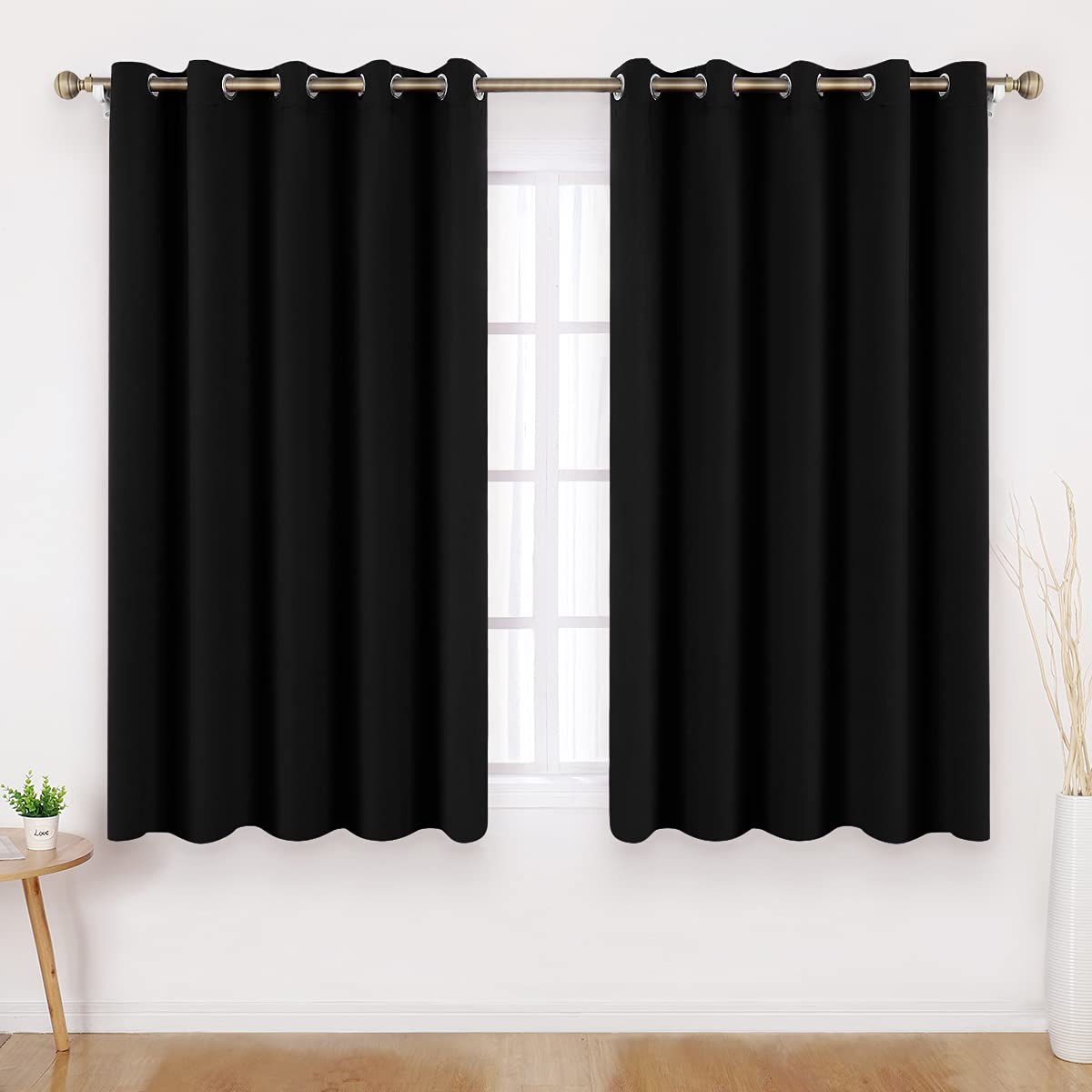 HOMEIDEASBlack Blackout Curtains 2 Panels 66 X 54 Inch Drop Room Darkening Eyelet Curtains for Bedroom, Thermal Insulated Light Blocking Window Drapes