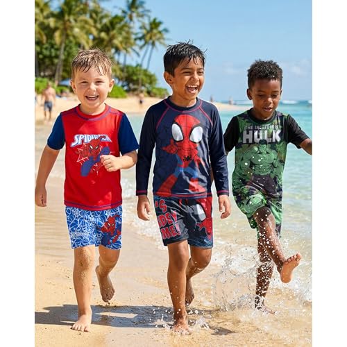 Image of Marvel Boys Rash Guard Set 2 Piece Hulk Spiderman Swim Shirt & Swim Trunks