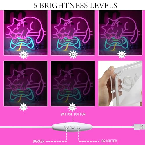 Image of Game Cat Neon Sign, Gamer Neon Signs for Wall Decor, Pink Cat Gamepad Shape LED Light Sign Dimmable Light Up Signs for Game Room Bedroom Cat Lovers and Gamers