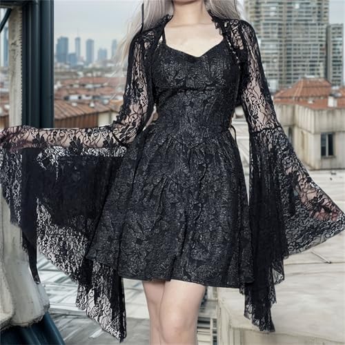 Image of Goth Bolero Shrug Women Lace Sheer Mesh Gothic Flare Sleeve Emo