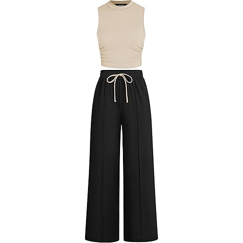 HAEOF Women's Summer 2 Piece Outfits Ribbed Knit Sleeveless Crop Tops Elastic High Waist Wide Leg Pants Matching Lounge Set