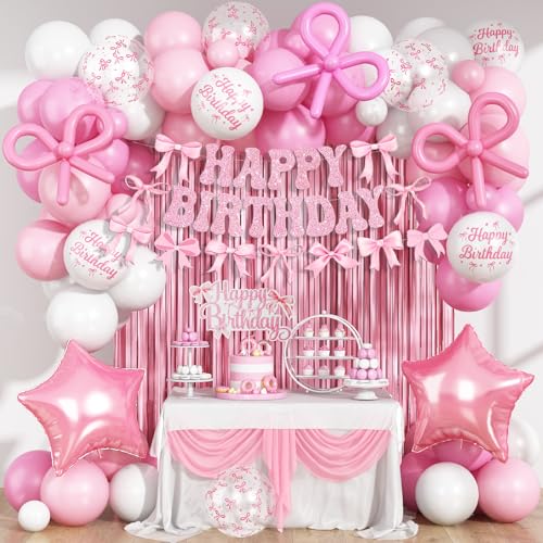 Décorations d'anniversaire avec nœud rose, décoration de fête coquette pour filles et femmes avec nœud rose clair pastel, ballons en latex, bannière « Happy Birthday » - Décoration de gâteau pour fête Décorations d'anniversaire avec nœud rose, décoration de fête coquette pour filles et femmes avec nœud rose clair pastel, ballons en latex, bannière « Happy Birthday » - Décoration de gâteau pour fête