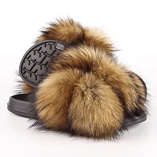 Women's Real Fox Fur Slides, Open-Toe Sandals, Indoor and Outdoor Non-Slip Slippers, Soft Pompom2