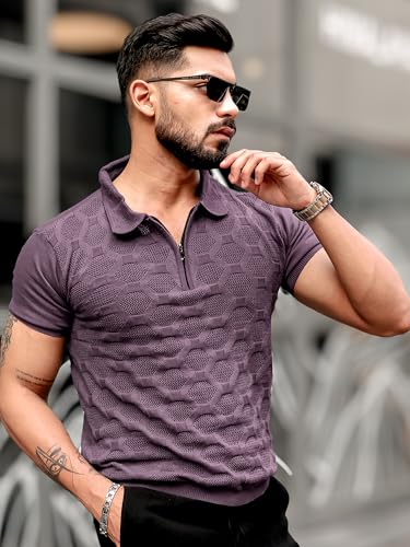 Image of Maniac || Mens || Solid Textured || Half Zip || Polo Neck || Half Sleeve || Cotton || T-Shirt