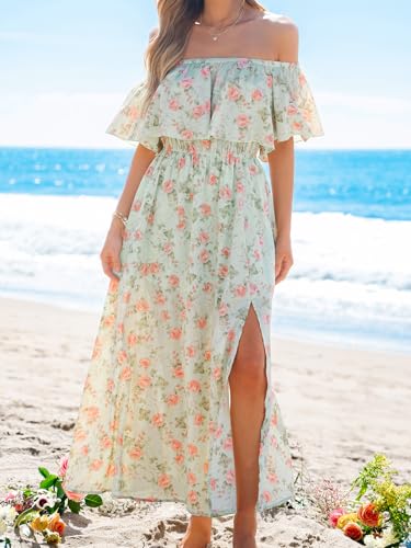 Image of CUPSHE Women Ruffle Floral Maxi Summer Dress Off Shoulder Short Sleeve Backless Flounce Bodice Slit Hem Beach Dresses